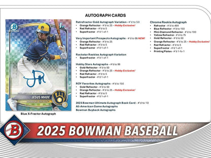 2025 Bowman Baseball Hobby Box autograph card checklist featuring hobby exclusive, chrome prospect, and red refractor cards