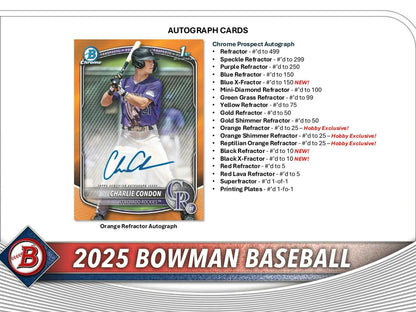Baseball card with autograph from 2025 Bowman Hobby Box, hobby exclusive chrome prospect red refractor