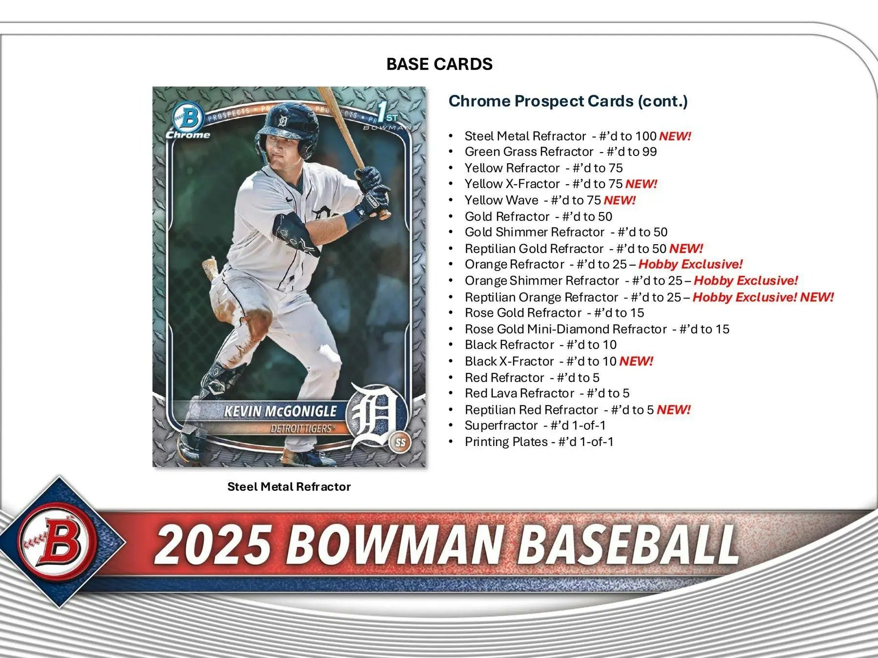 2025 Bowman Baseball Hobby Box with Baseball Card Checklist featuring hobby exclusive chrome prospect and red refractor