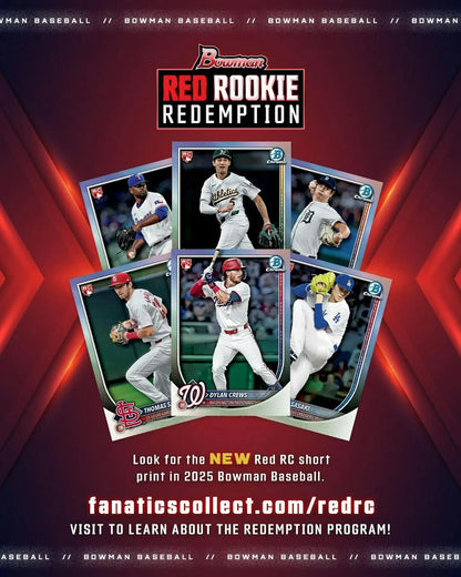 Bowman Red Rookie Redemption ad on 2025 Bowman Baseball Hobby Box with hobby exclusive chrome prospect red refractor