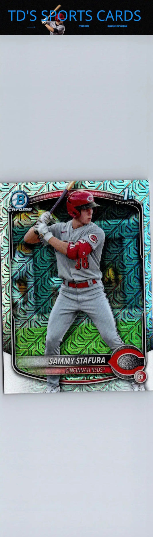 Sammy Stafura baseball card from 2025 Bowman Chrome Prospects Mojo Refractor