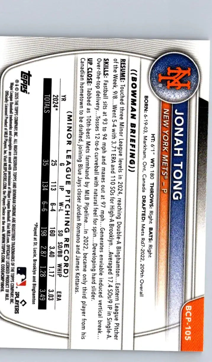 Baseball trading card of Jonah Tong Chrome Prospects for New York Mets