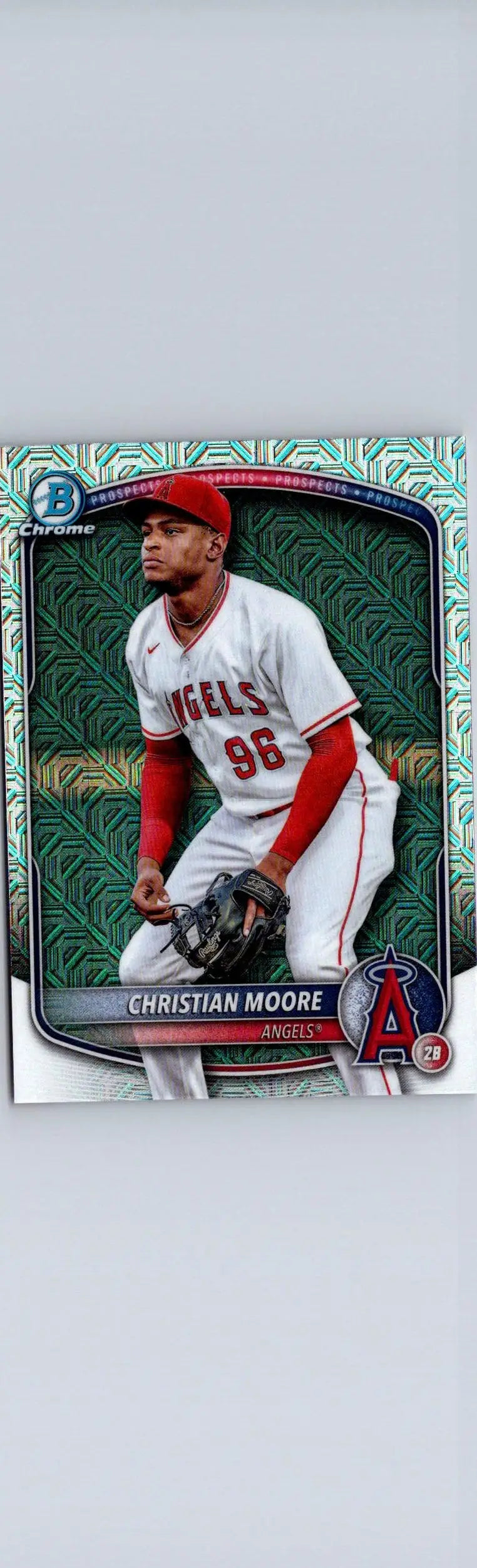 Christian Moore Chrome prospects baseball card from 2025 Bowman BCP-107 Mojo Refractor