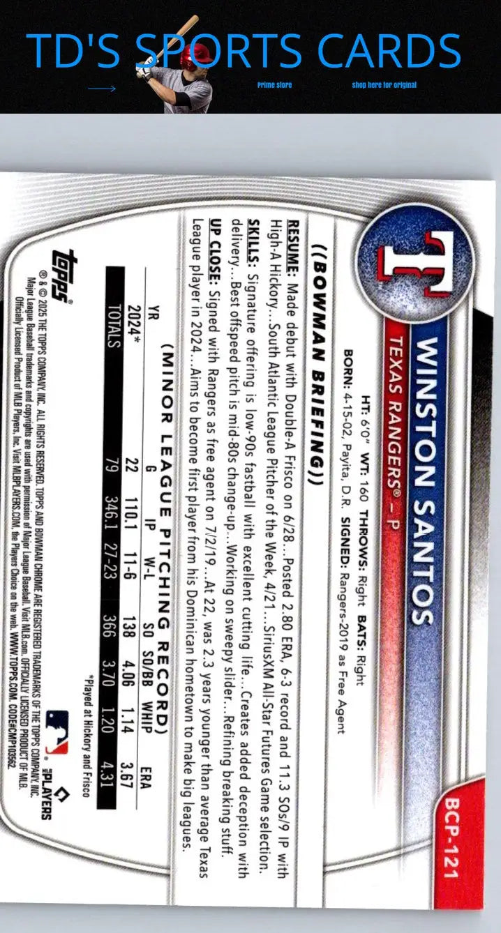 Baseball card back featuring Winston Santos Chrome Santos Chrome Prospects Mojo Refractor