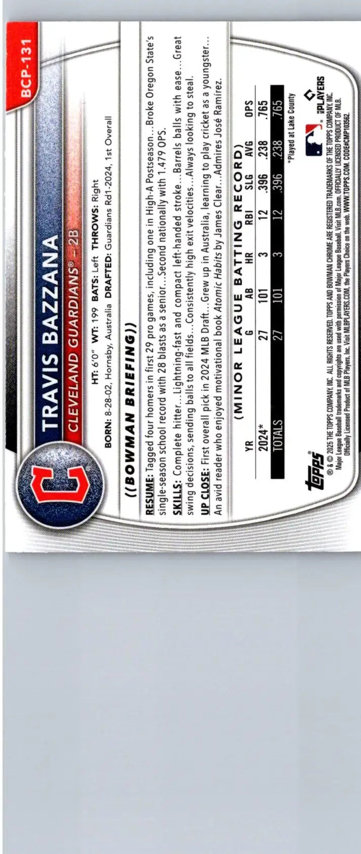 2025 Bowman Travis Bazzana Chrome Prospects Mojo Refractor baseball card back