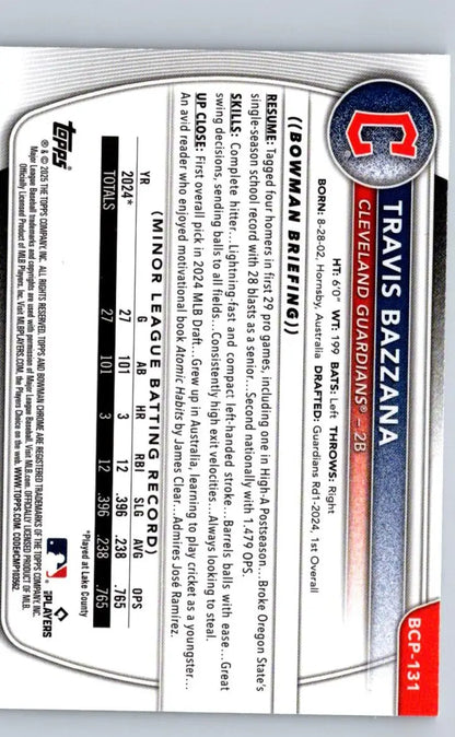 Baseball card of Travis Bazzana Chrome Prospects Mojo Refractor from 2025 Bowman