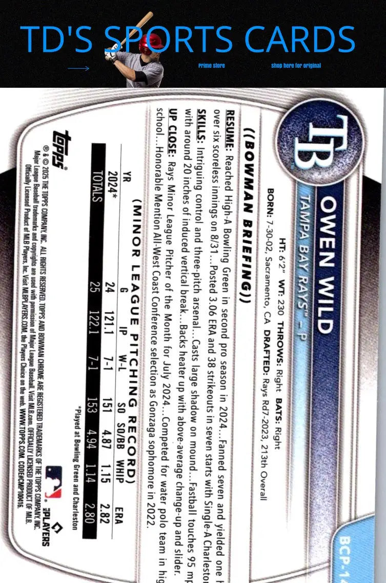 Owen Wild baseball card from 2025 Bowman BCP-14 Owen Wild Chrome Prospects set