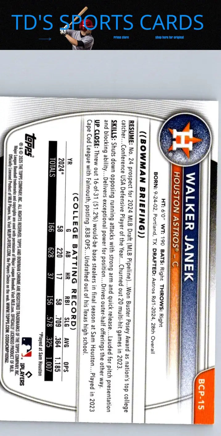 Walker Janek Chrome prospects Mojo Refractor baseball card from 2025 Bowman series
