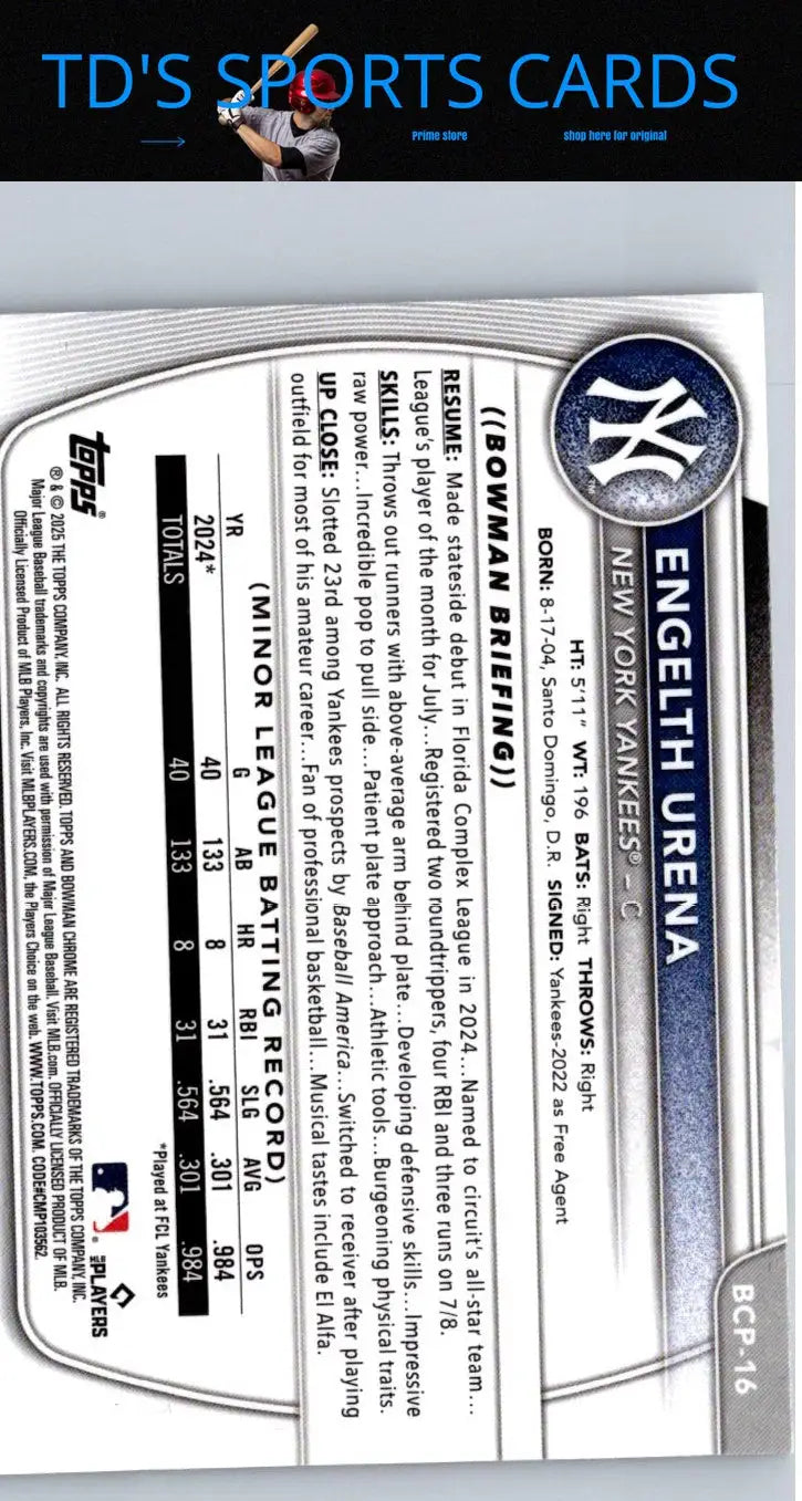 Engelth Urena chrome prospects card from 2025 Bowman #BCP-16 Urena Chrome Prospects