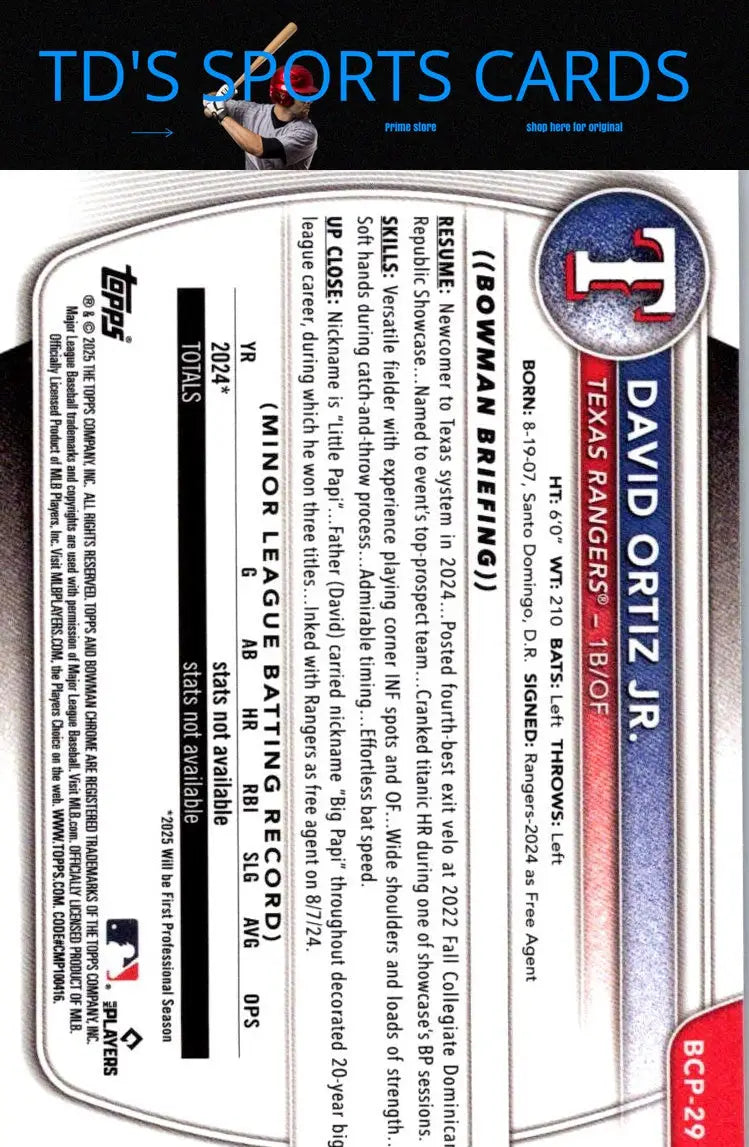 Baseball card featuring David Ortiz Jr. Chrome Prospects from 2025 Bowman series