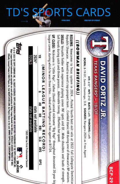 Baseball card featuring David Ortiz Jr. Chrome Prospects from 2025 Bowman series