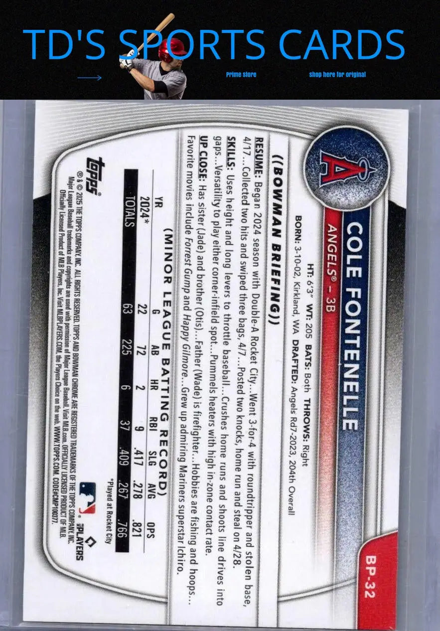 Baseball card back featuring Cole Fontenelle Chrome Prospects Fuchsia Refractor