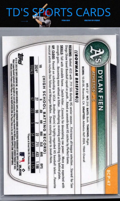 Dylan Fien Chrome baseball card from 2025 Bowman Lava Refractor Prospects