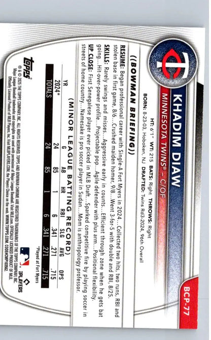 Baseball card back featuring Khadim Diaw Chrome Prospects Mojo Refractor 2025 Bowman