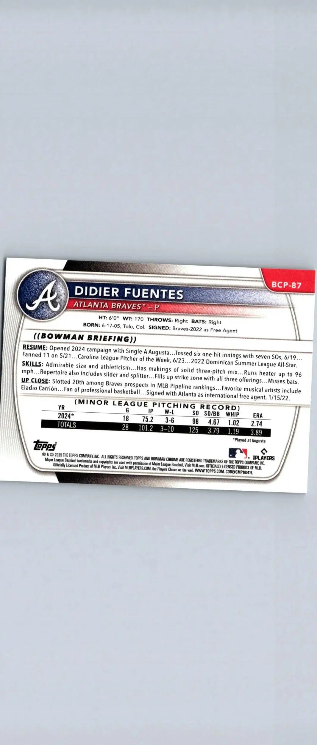 Didier Fuentes Chrome prospects baseball card from 2025 Bowman #BCP-87