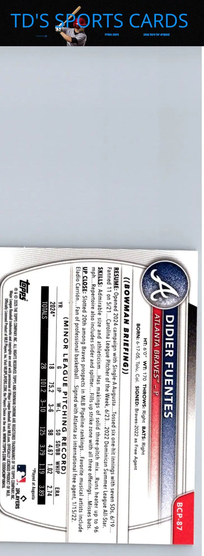Didier Fuentes Chrome baseball card from 2025 Bowman #BCP-87 Fuentes Chrome Prospects