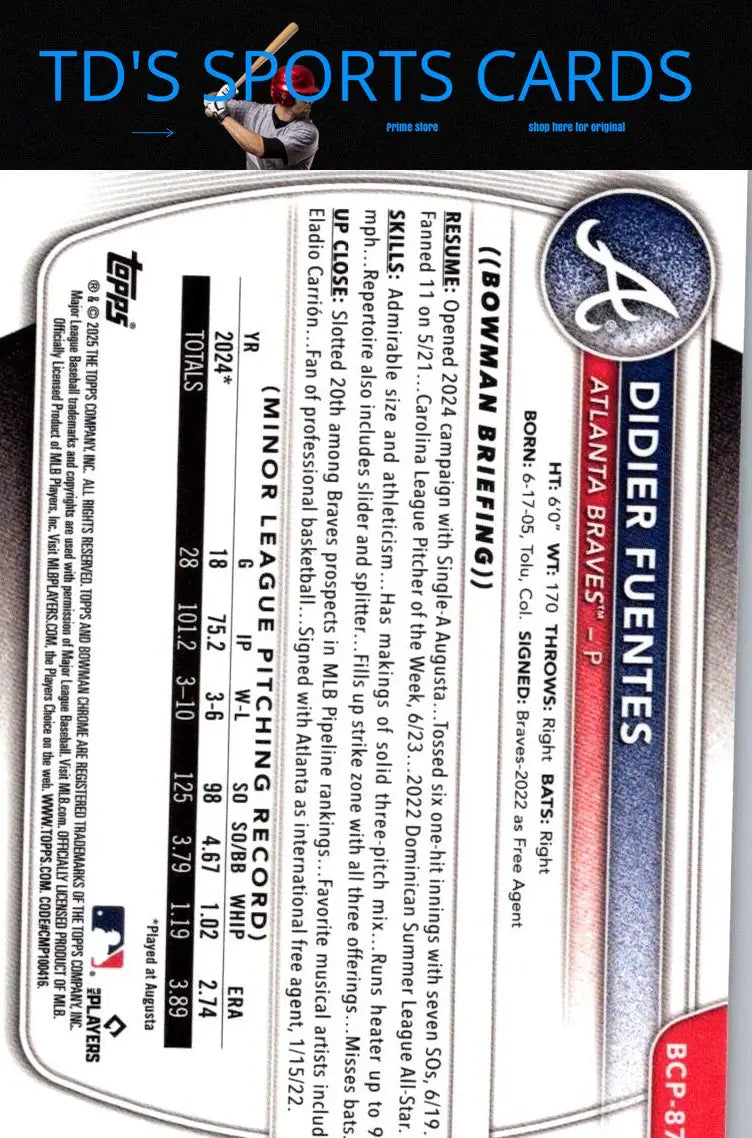 Didier Fuentes Chrome prospects baseball card from 2025 Bowman #BCP-87