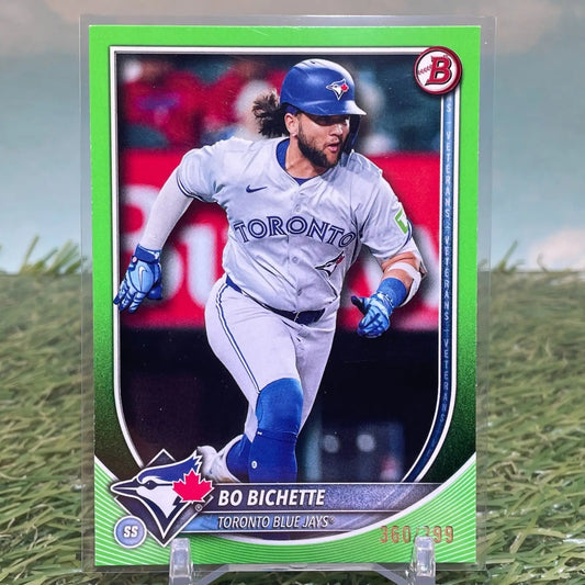 Baseball card of Bo Bichette with green border numbered 399 from 2025 Bowman Bichette Green Border series