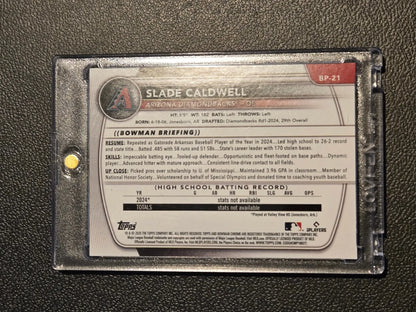 Baseball trading card of Slade Caldwell Prospects in protective case for Caldwell prospects