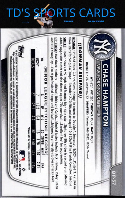 Chase Hampton baseball card from 2025 Bowman Chase Hampton Prospects Pink series