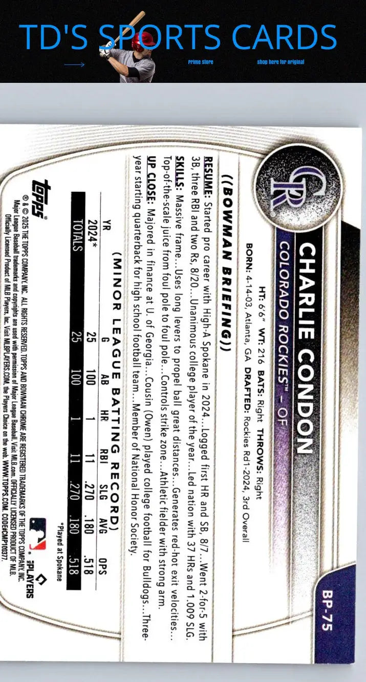 Baseball card back featuring Charlie Condon from 2025 Bowman Condon Prospects series