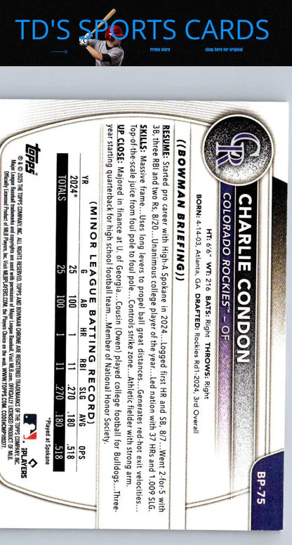 Baseball card back featuring Charlie Condon from 2025 Bowman Condon Prospects series