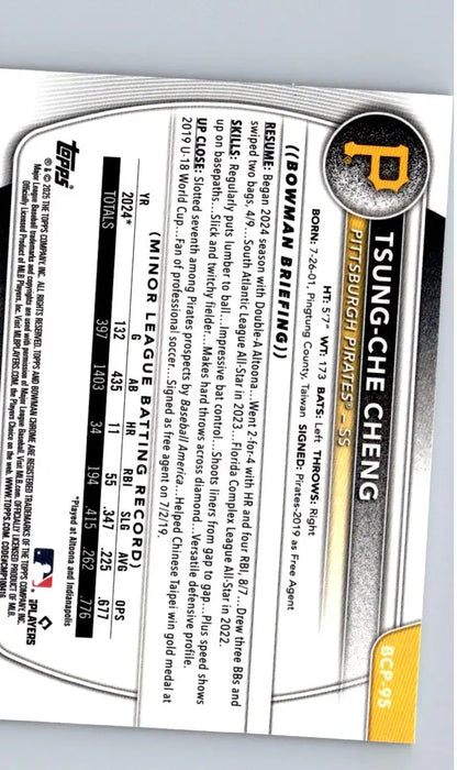 Back of 2025 Bowman TSUG-CHE CHENG prospects trading card featuring Tsung-Che Cheng
