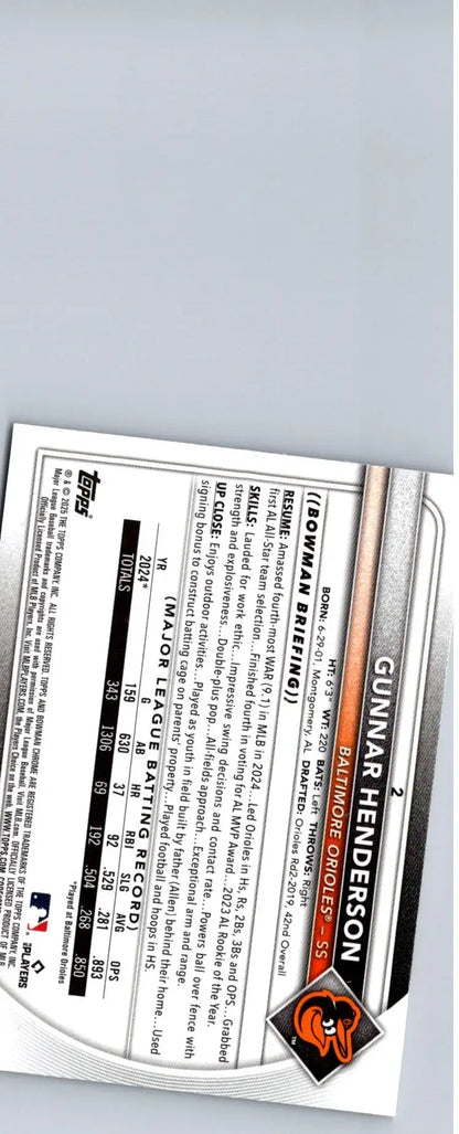 Baseball card of Gunner Henderson Mojo Refractor from 2025 Bowman Chrome series