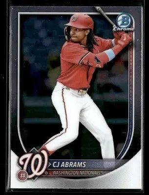 Baseball trading card of CJ Abrams in batting stance from 2025 Bowman Chrome Washington Nationals