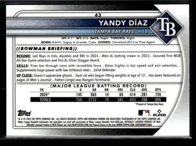 Back of a Yandy Diaz Bowman Chrome baseball card featuring Tampa Bay Rays player