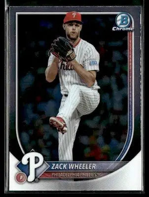 2025 Bowman Chrome Zack Wheeler baseball card featuring Philadelphia Phillies pitcher in pitching pose