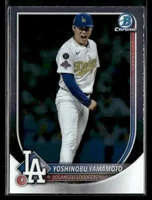 Baseball trading card of Yoshinobu Yamamoto from 2025 Bowman Chrome featuring Los Angeles Dodgers