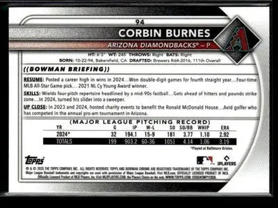 Back of 2025 Bowman Chrome Corbin Burnes baseball card with career stats Arizona Diamondbacks