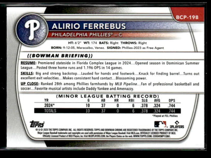 Back of 2025 Bowman Chrome Alirio Ferrebus trading card featuring Philadelphia Phillies player