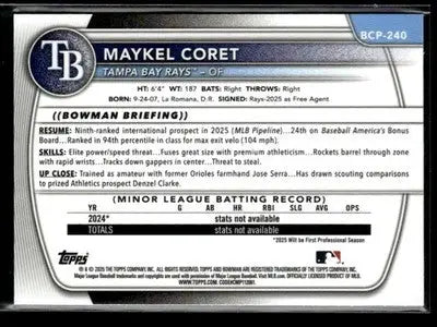 Collectible Bowman Chrome baseball card of Maykel Coret from Tampa Bay Rays