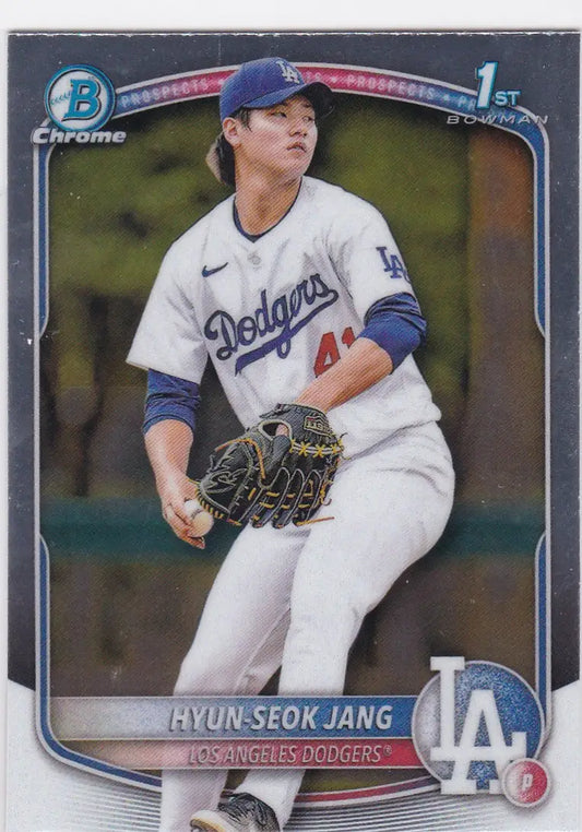 Hyun-Seok Jang 1st Bowman Dodgers baseball card from 2025 Bowman Chrome series
