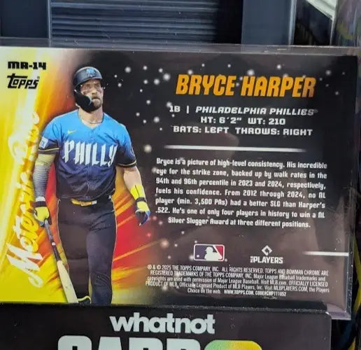 Bowman Chrome Bryce Harper trading card featuring Phillies jersey and career highlights