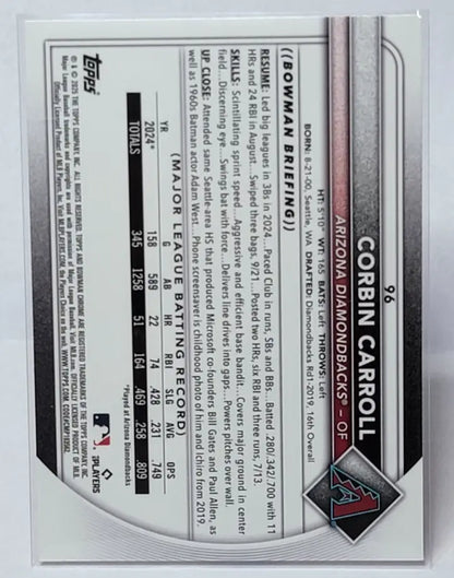 Back of Bowman Chrome Mega Fuchsia Mojo Refractor Corbin Carroll trading card with stats