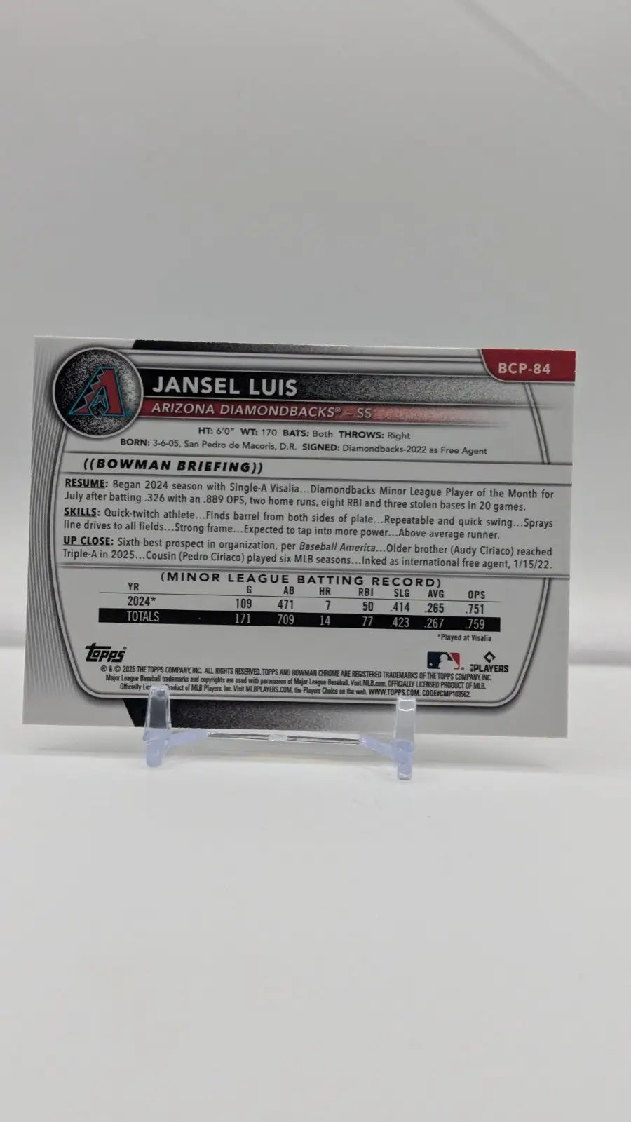 Baseball trading card of Bowman Chrome Prospect Jansel Luis 1st SP Mojo Refrac