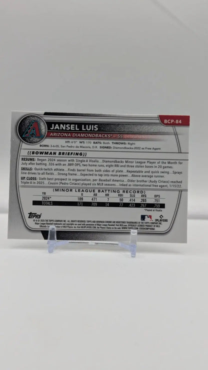 Baseball trading card of Bowman Chrome Prospect Jansel Luis 1st SP Mojo Refrac