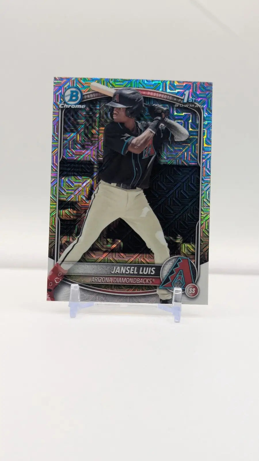 Baseball trading card with holographic pattern featuring prospect Jansel Luis in batting stance