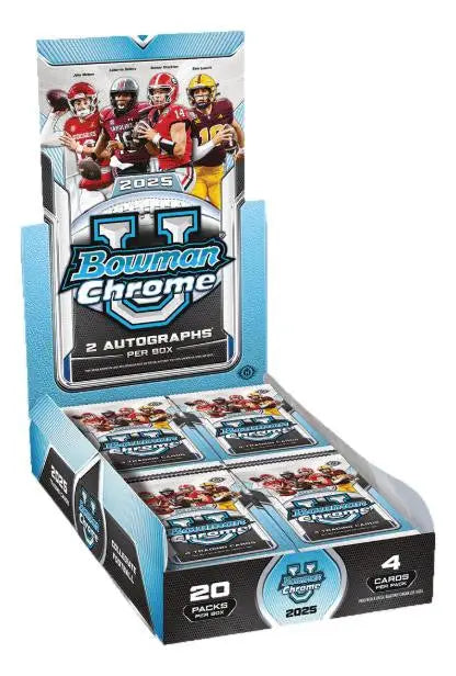 2025 Bowman Chrome University Football Hobby Box with display box and 20 packs of cards