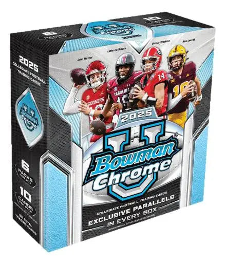 Box of 2025 Bowman Chrome Collegiate Football trading cards in the 2025 Bowman Chrome University Football Mega Box