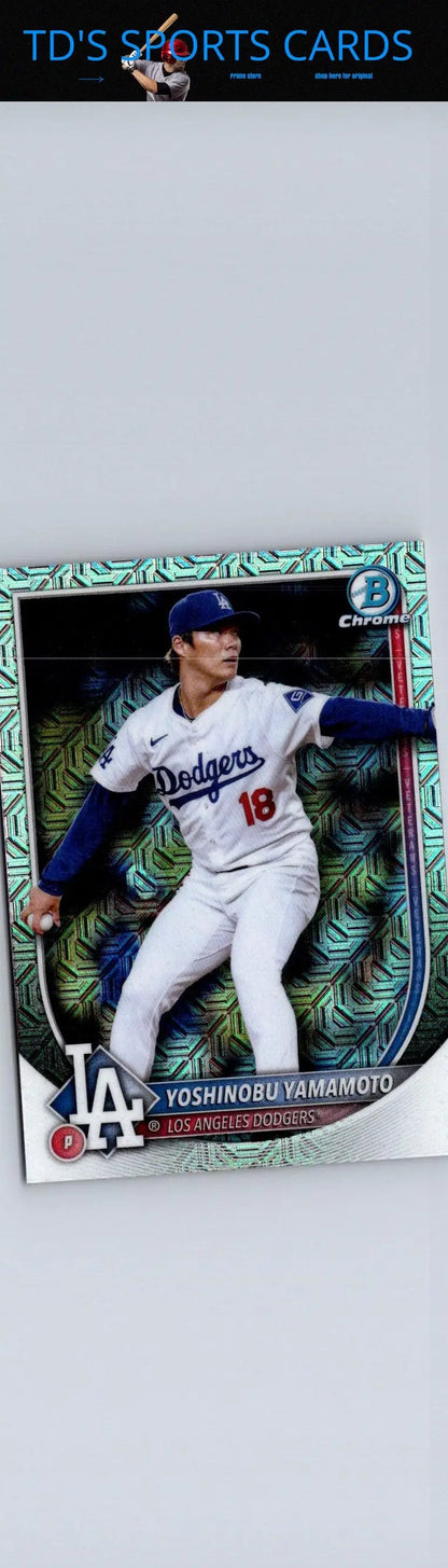 Yoshinobu Yamamoto baseball card from 2025 Bowman Chrome Mojo Refractor series