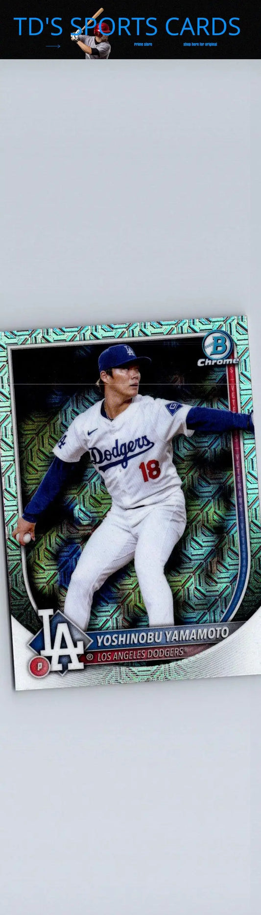 Yoshinobu Yamamoto baseball card from 2025 Bowman Chrome Mojo Refractor series