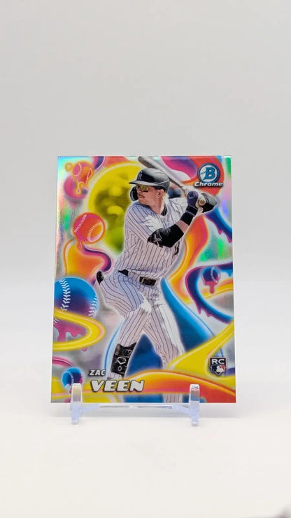 Baseball trading card featuring a player in batting stance with vibrant background, 2025 Bowman Chrome York Yankees