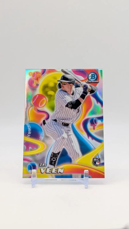 Baseball trading card featuring a player in batting stance with vibrant background, 2025 Bowman Chrome York Yankees