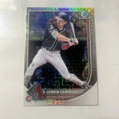 Corbin Carroll baseball card from 2025 Bowman Corbin Carroll Chrome Mega Box Mojo Refractor
