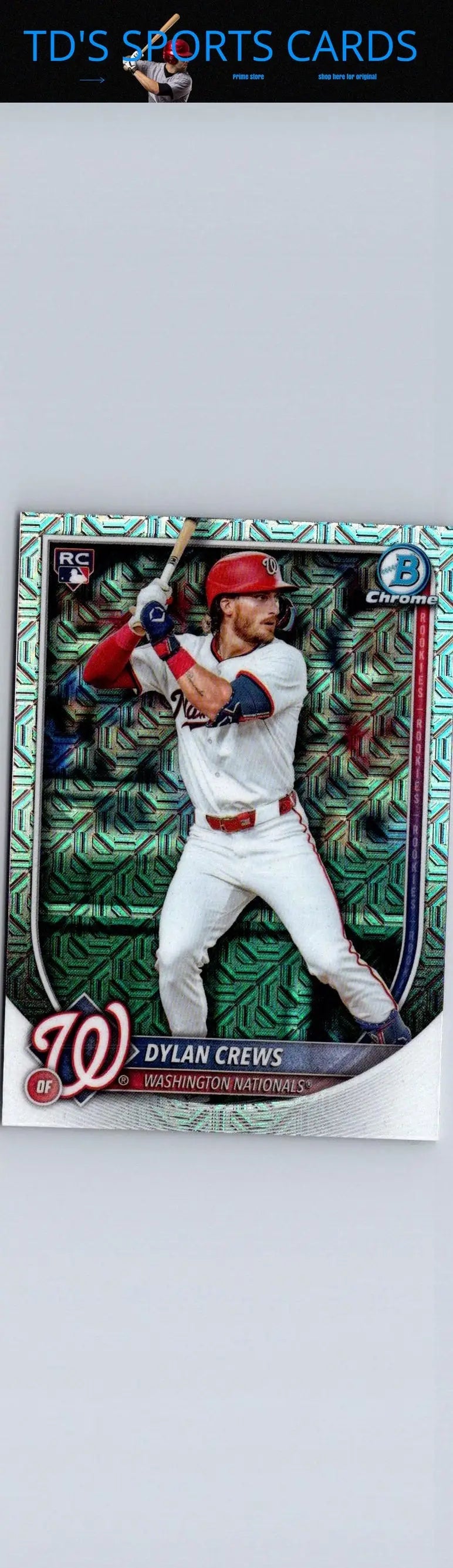 2025 Bowman Dylan Crews Mojo Refractor baseball card on display