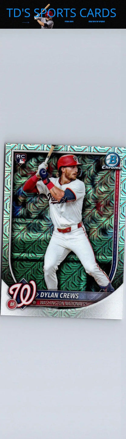 2025 Bowman Dylan Crews Mojo Refractor baseball card on display